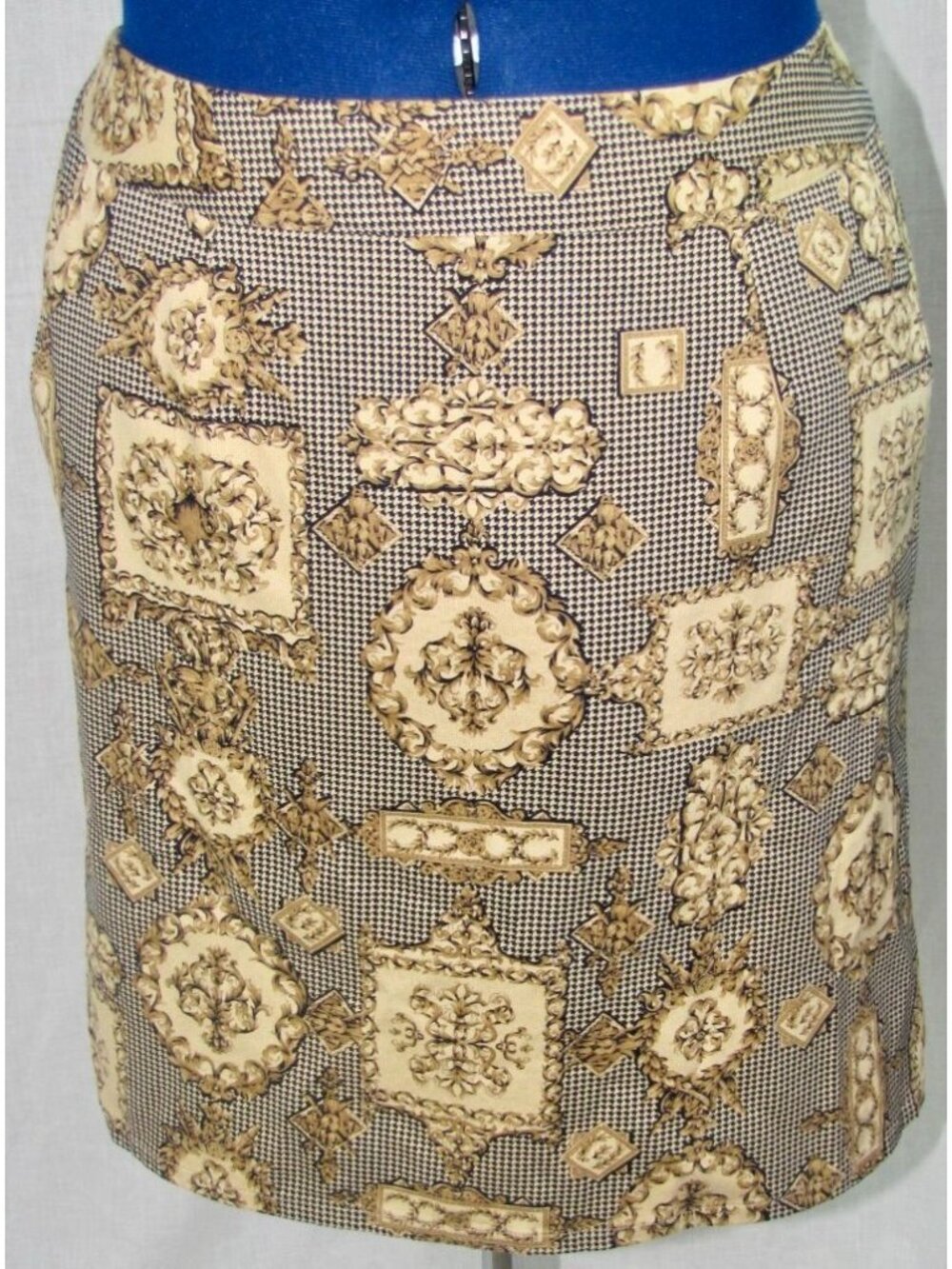 Women 10 Preppy Old Money Pencil Skirt Modest Houndstooth 90s Retro Ornate Earth - Picture 1 of 10